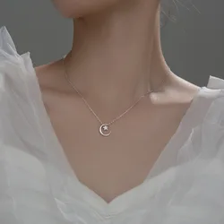925 Sterling Silver Sparkling Diamond Star Moon Necklace for Women Pendant Collarbone Chain Fine Jewelry Gift