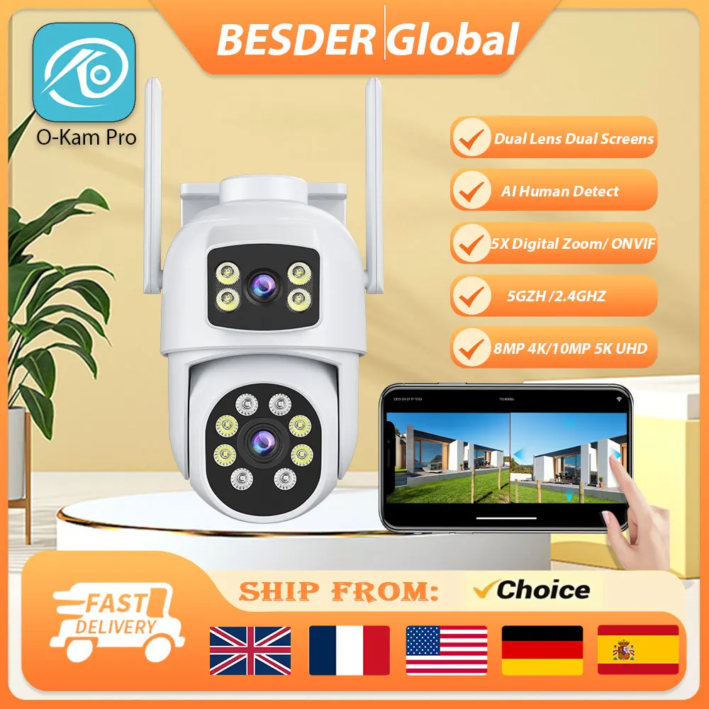 PTZ Wifi IP Camera Dual Lens 10MP AI Human Detect ONVIF 5K 2.4G/5G WIFI Surveillance CCTV Cameras Security Protection O-Kam Pro