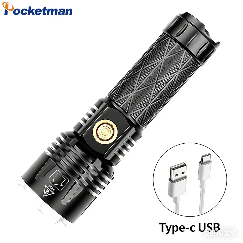 

Powerful P90 LED Flashlight USB Type-C Rechargeable Zoomable Waterproof Tactical Torch for Outdoor Emergency Camping Hiking