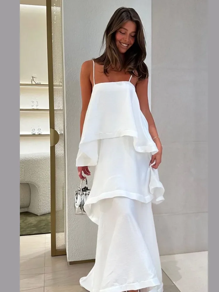 Eleganckie, jednolite sukienki maxi na ramiączkach, damskie, modne, bez rękawów, warstwowe, z falbanami, z odkrytymi ramionami, luźne sukienki letnie, odzież wakacyjna dla kobiet.