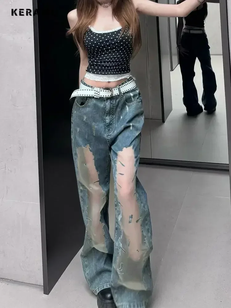 

2025 Spring Women's Casual Patchwork Trashy Jeans Vintage Aesthetic Loose Washed Pants Y2K Wide Leg Baggy Punk Denim Trouser