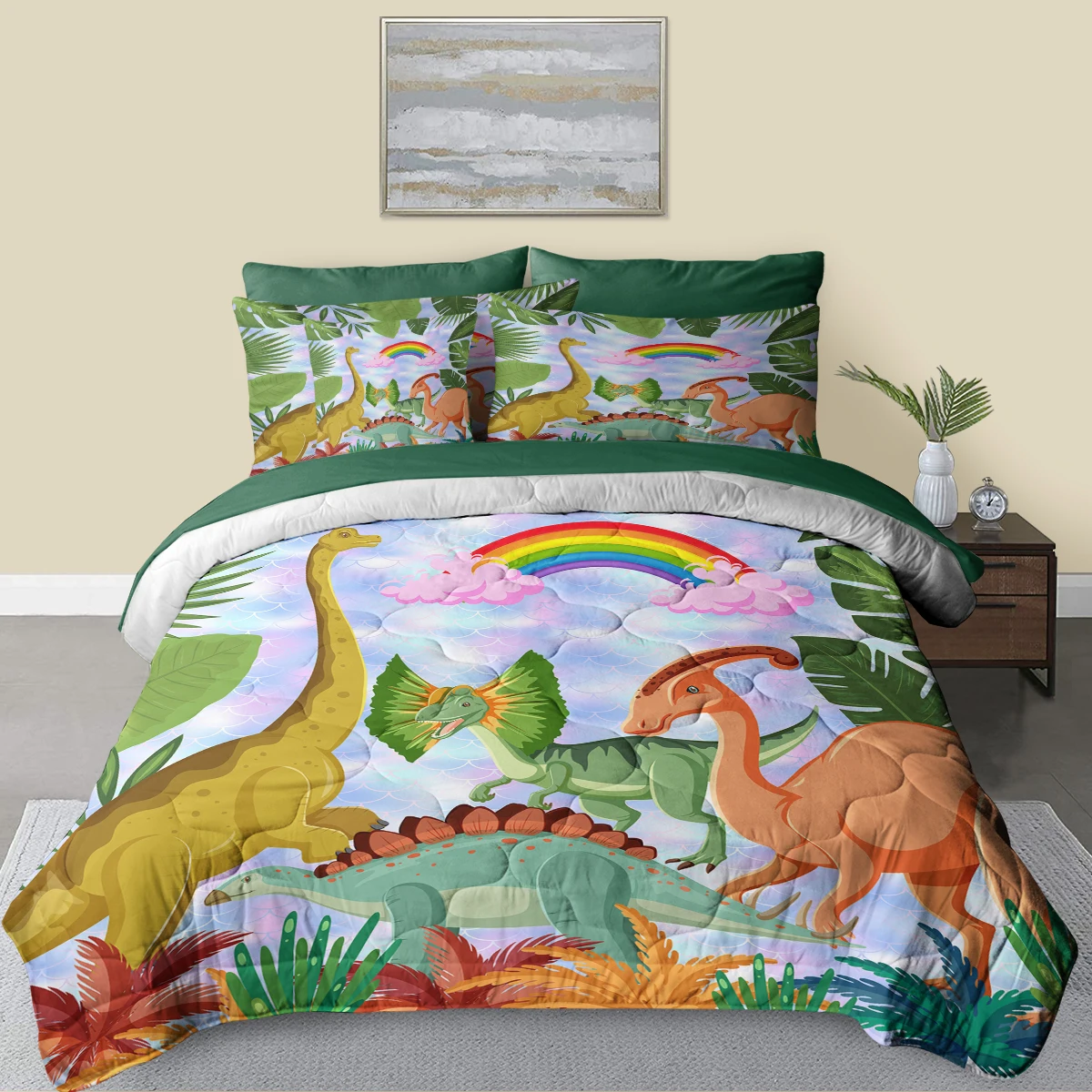 8 Piece Dinosaurs with Green Plants and Rainbow Printed Comforter Set for Dinoasur Lovers Home Decor Suitable for All Seasons