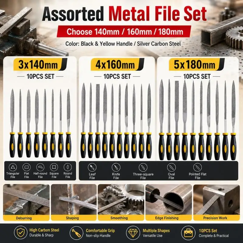 10PCS High-Carbon Steel Precise Needle File Set - Premiums Kit with Non-Slips Ergonomic Handles, for Wood/Plastic/Model Filing