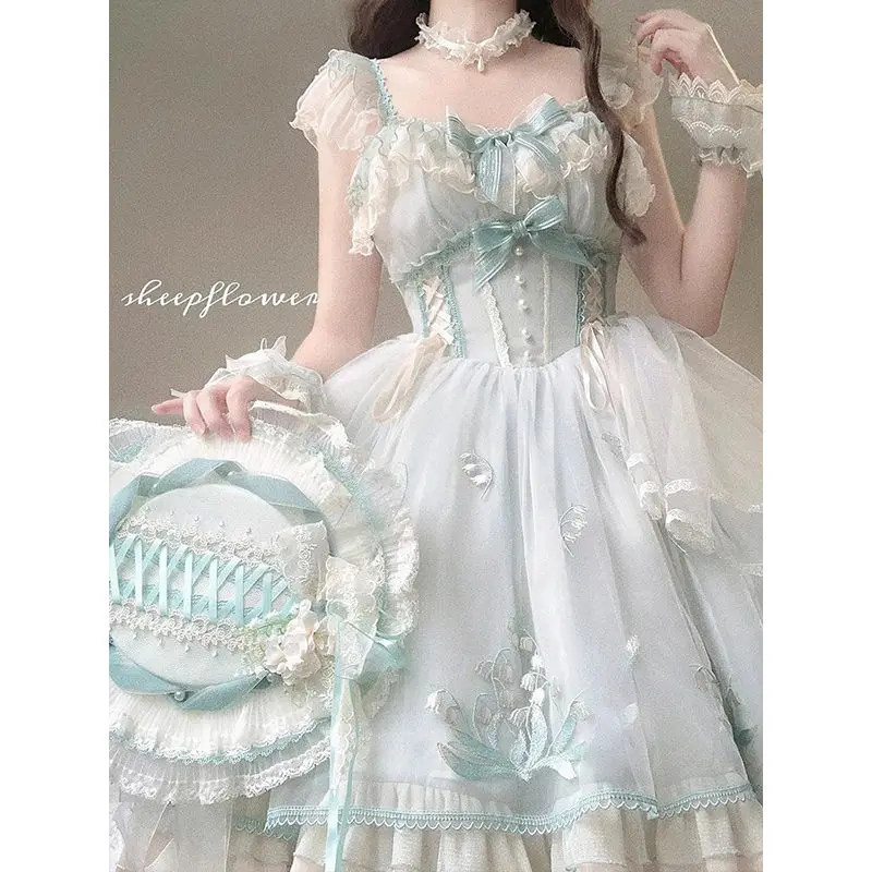 Vestido com alça bordada Lolita doce para mulheres, vestido elegante e lindo, presente adulto, Lolita Sports Games