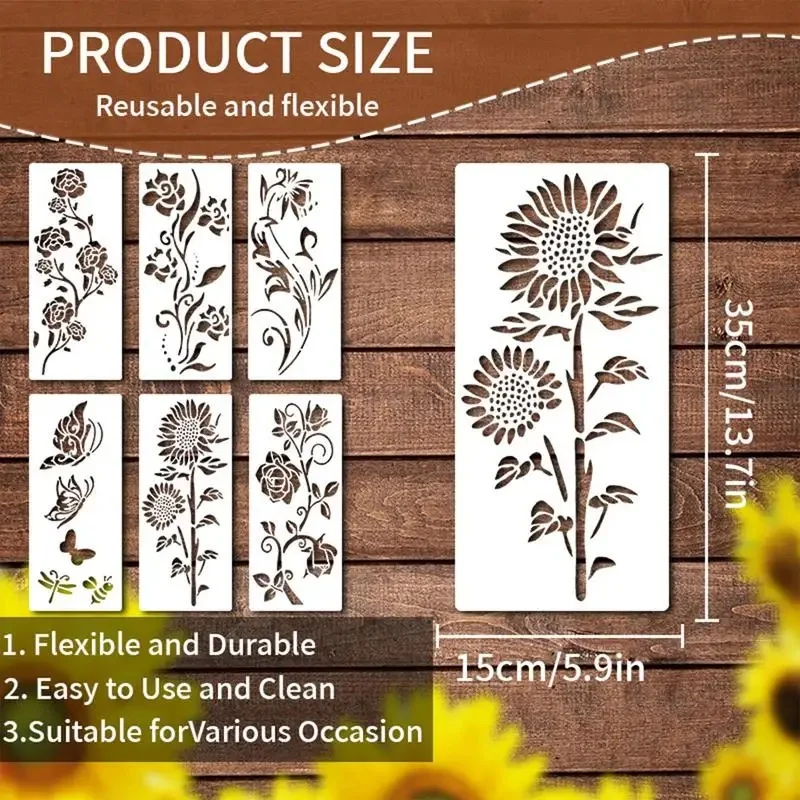 1Set 6Pcs Large Reusable Flower Painting Stencils Garden Fence Wall Art Craft Drawing Template Accessory