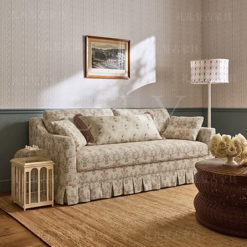 Retro Solid Wood Sofa Pastoral Print Single Chair for Small Apartment Living Room Bedroom