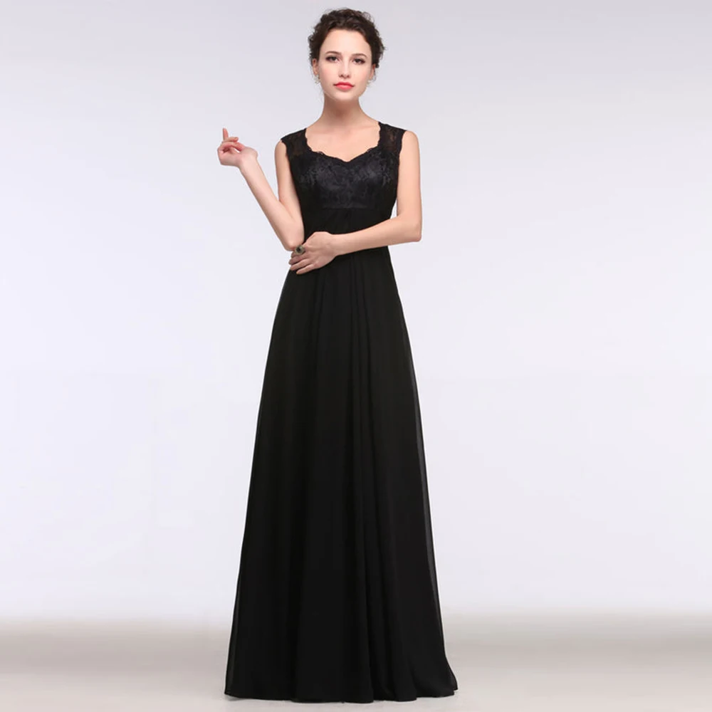 

Elegant Black Sleevleless Mother of the Bride Dress for Wedding Guest Scoop Neckline Lace Chiffon Floor Length Mother's