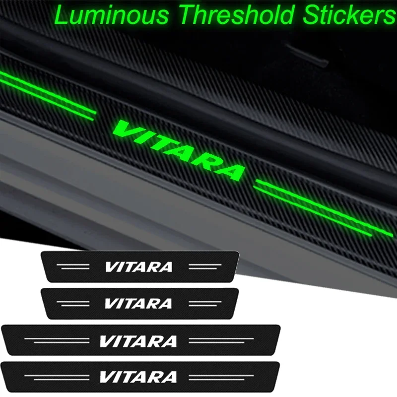 Luminous Carbon Fiber Car Door Sill Threshold Stickers Decals for Suzuki Vitara Badge Samurai Alto Swift Sport Jimny SX4 S Cross