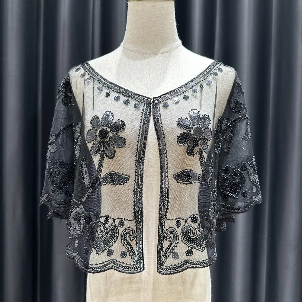 

Retro 1920s Shoulder Shawl Breathable Fabric Sparkling Flapper Shawl Floral Sequin Short Length Shawl Beaded Wedding