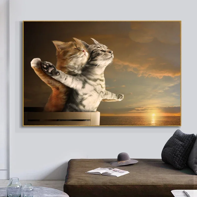 Cat shaped pictures on the deck, interesting animal pictures decorating the living room wall, printed cloth paintings