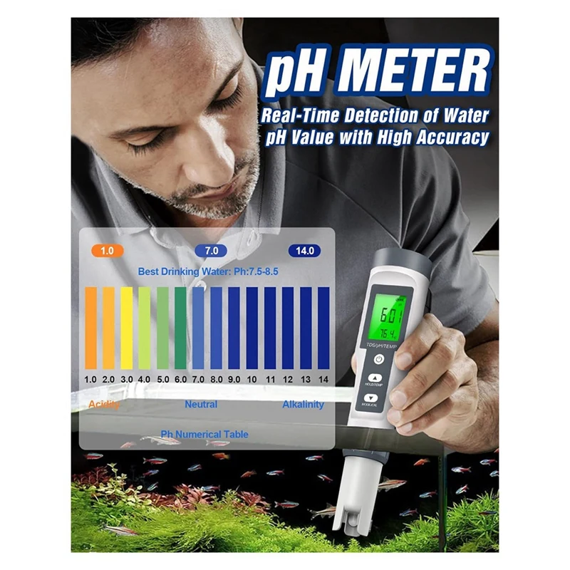 جهاز اختبار جودة مياه رقمي عالي الدقة ، سهل الاستخدام ، TDS ، PH ، درجة حرارة ، 0-14 PH ، 3 في 1