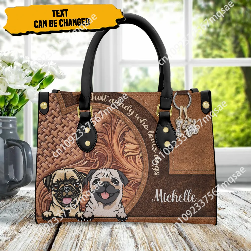 2023 Hot Sale Ladies Hand Bags Kawaii Pug Pattern Leather Handbags for Women Black Shoulder Strap Tote Bag Female Casual Bags