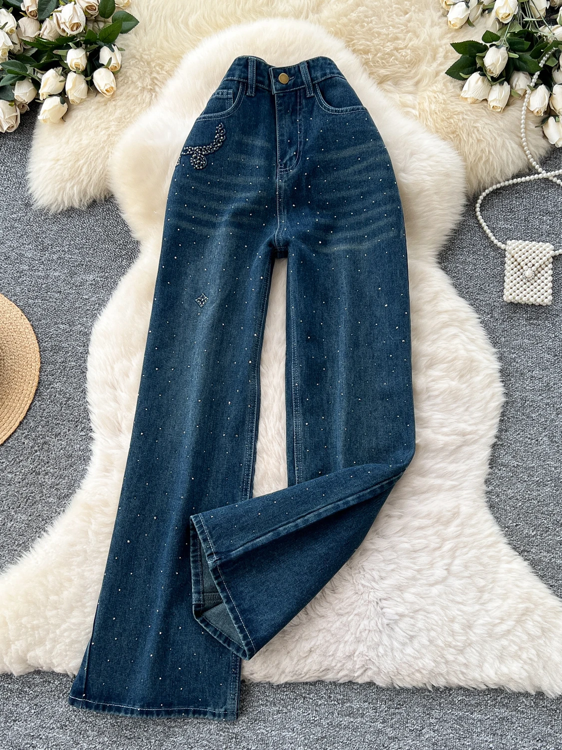 

Korean Sle Heavy Du Rhinestone High Waist Jeans Women's Casual Versatile Retro Wide Leg Straight Cut Long Trousers