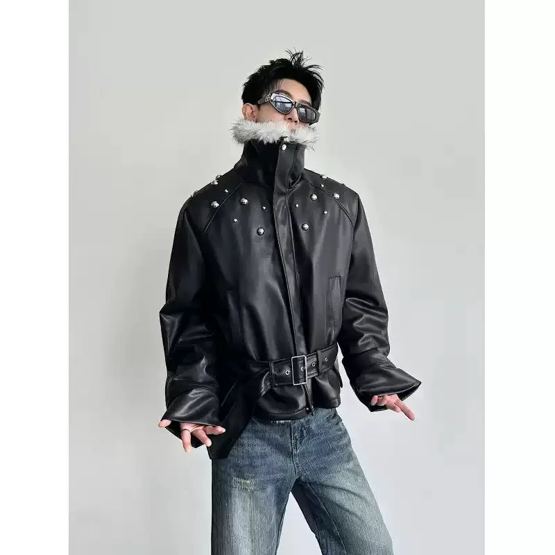 

American High Street Faux Fur Thicken Padded Coat Metal Rivets Decoration Fur High Collar Short Leather Jackets For Man