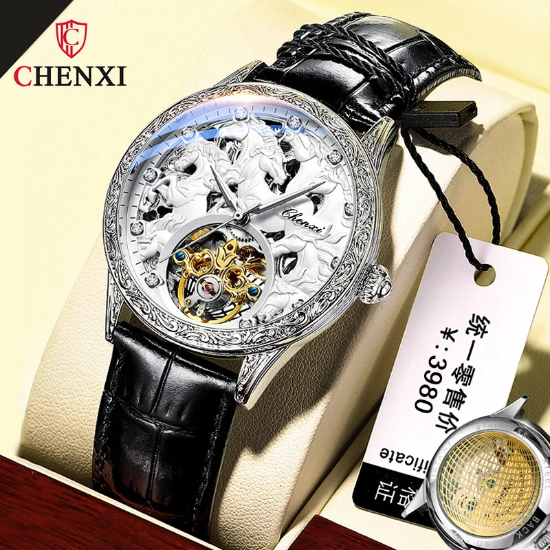 CHENXI 6029M Men\'s Mechanical Watch Black Leather Fully Automatic Hollow Horse Luminous Waterproof Flywheel Male Wrist Watches