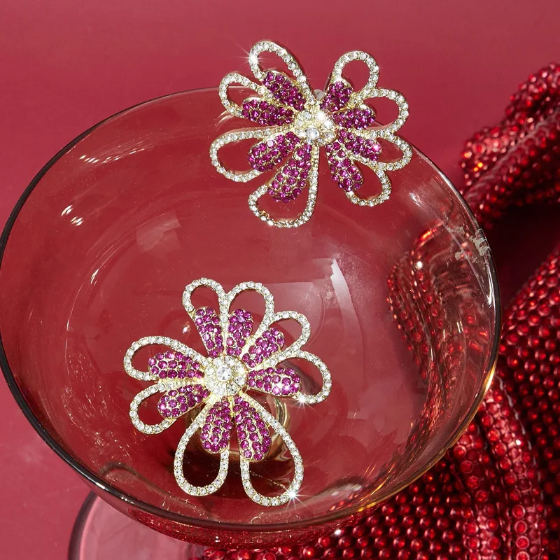 HUANZHI Pink Exaggerated Rhinestone Flower Hollow Metal Earrings for Women Girls Trend Design Wholesale Jewelry Gifts 2024 New