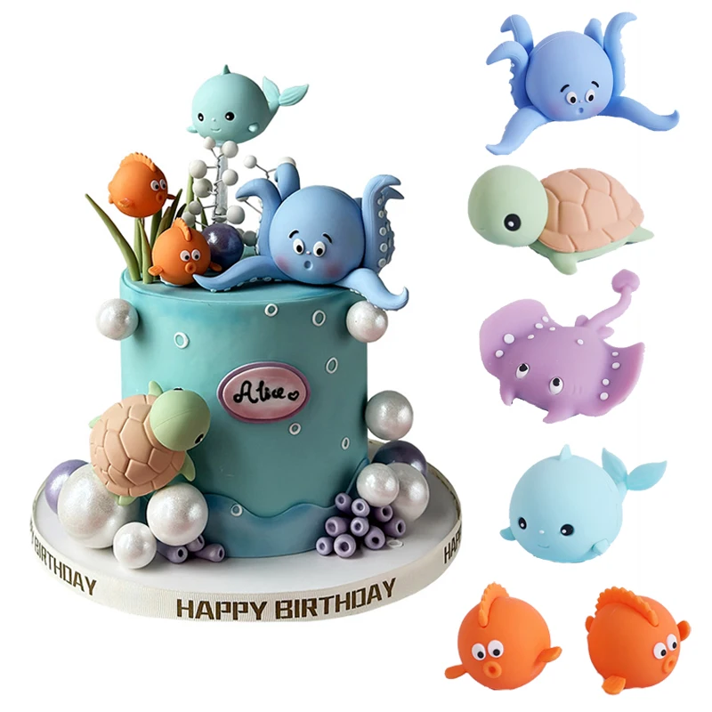 Sea Ocean Animals Cake Toppers Octopus/Turtles/Whales Under The Sea theme 1st First Birthday Cake Decorations Kids Baby Shower