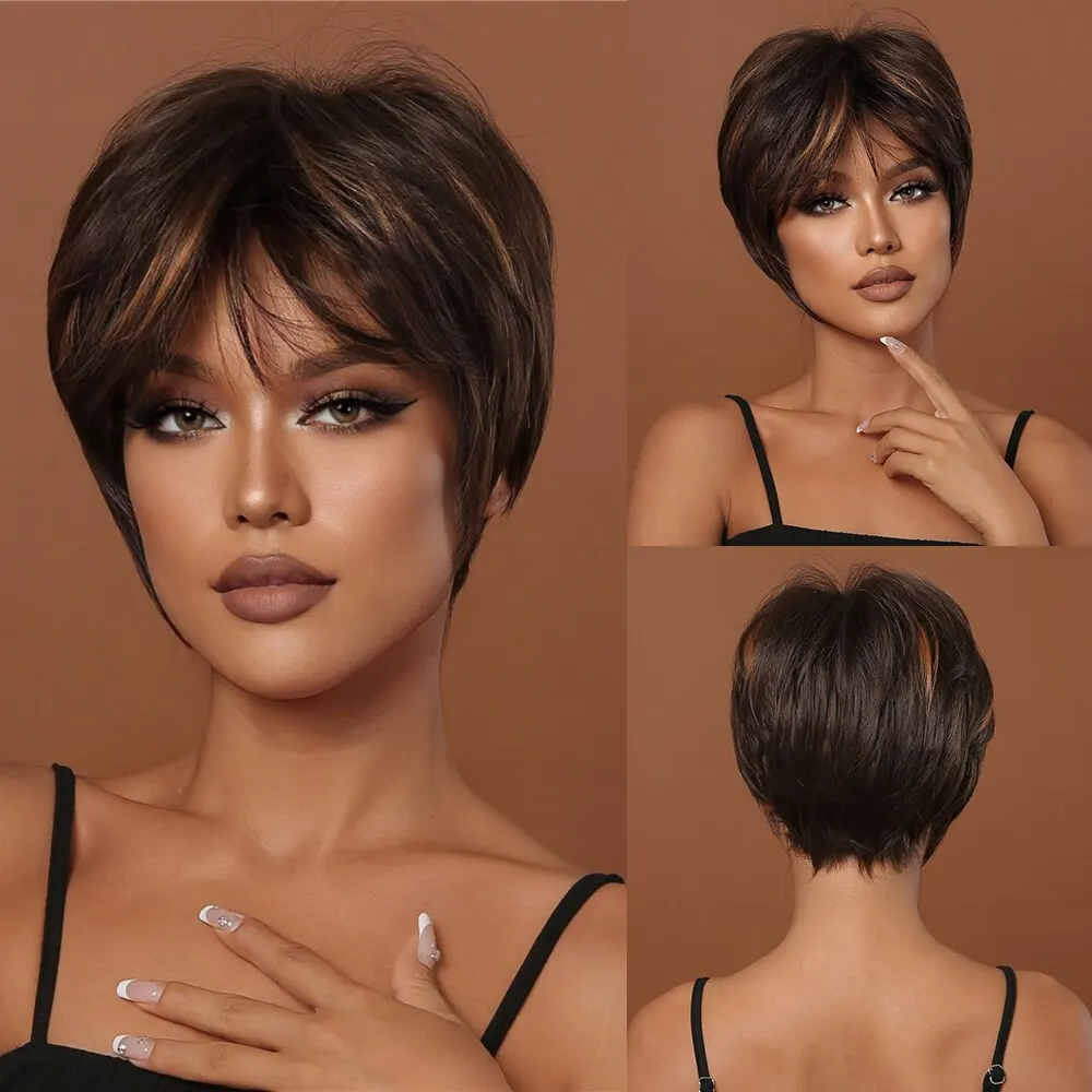 Brown Synthetic Hair Wigs for Black Women Short Pixie Cut Hair Wigs With Bangs Party Daily Use Wig Natural Hair Heat Resistant