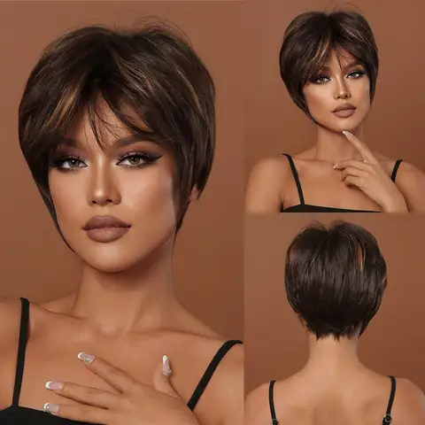 흑인 여성을위한 갈색 합성 머리 가발 짧은 픽시 컷 헤어 가발 앞머리 파티 매일 사용 가발 자연 헤어 내열성
