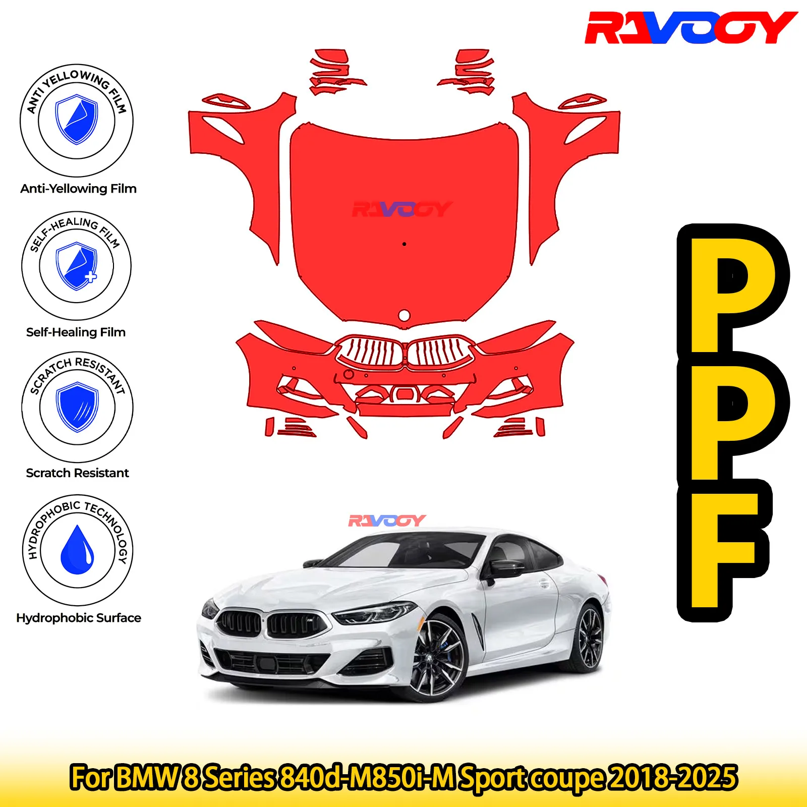 

For BMW 8 Series 840d-M850i-M Sport coupe 2018-2025 Glossy Matte Black Precut front PPF Kit Paint Protection Film