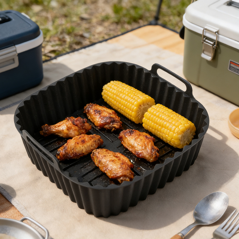  Square Silicone Air Fryer Basket Pan Reusable Food Safe Baking Mold for Oven BBQ Barbecue Cooking Kitchen Bakeware Pastry Tool 
