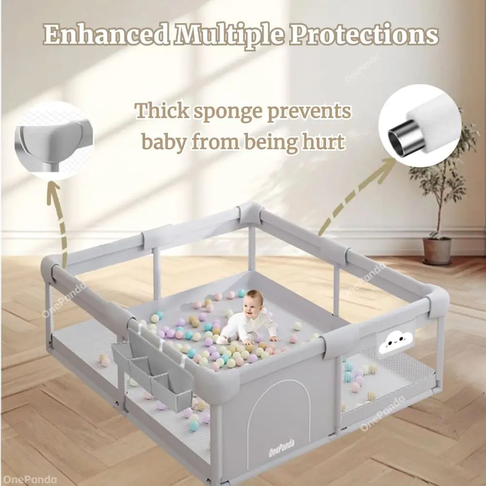Przestronny kojec dla niemowląt z wyściełanymi krawędziami, 71x59, piłeczki do basenu, bramka, schowek i centrum aktywności w kolorze jasnoszarym