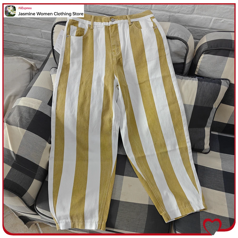 New in Stylish Tapered Striped Jeans for Women High-rise Jeans with Contrasting Stripes Fashion Cowgirls Pants with Five-pockets
