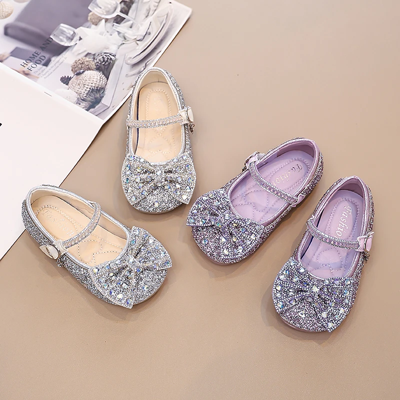 Glitzernde Prinzessinnen-Flachschuhe mit Strasssteinen für Kleinkinder, Frühlings- und Herbstschuhe mit Schleifendekoration, Glitzerkleidschuhe für Party, Hochzeit, Geburtstag – Detail 3