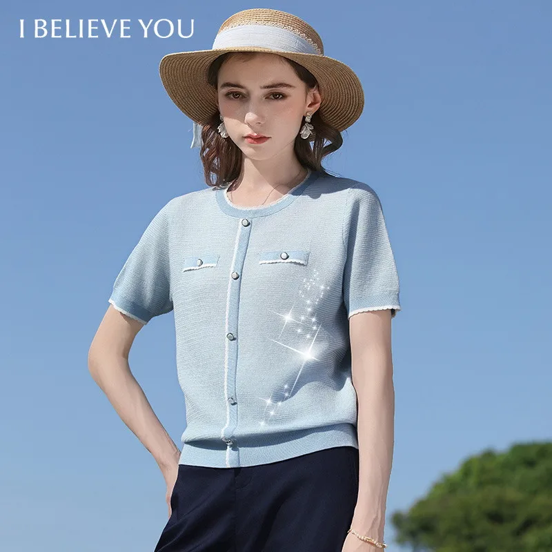 I BELIEVE YOU Blue Round Neck Loose Short Sleeve Knitted Cardigan 2026 Summer New Elegant French Style Top For Women 2262146116