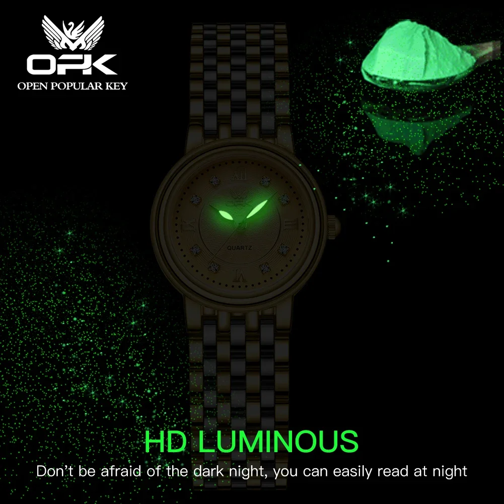 OPK Quartz Women's Watch Fashion Elegant Retro Simple Design Diamond Dial Luxury Original Waterproof Glow Women's Dress Watch