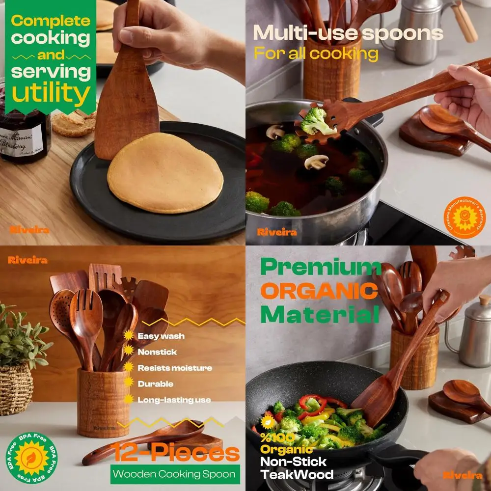 

Набор нетоксичных кухонных принадлежностей из тикового дерева, 12 предметов, с деревянными ложками и лопаткой
