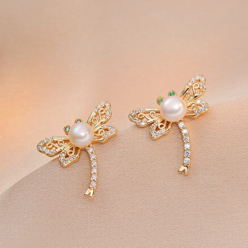 Korean New Light Luxury Dragonfly Stud Earrings For Women Pearl Original Animal Zircon Charming Jewelry Boucles d’oreilles