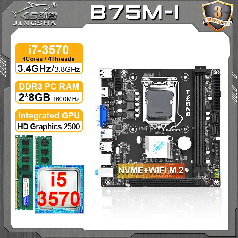 JINGSHA B75 mini itx Motherboard LGA 1155 PC gaming kit i5 3570 processor and 2*8GB DDR3 memory diy computer Combo LGA1155 Set