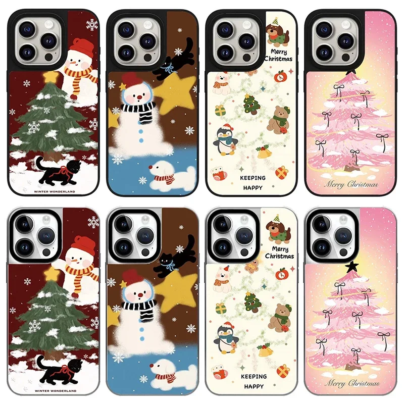 

Christmas Tree Snowman Black Silver Border Mirror Magnetic Phone Case Cover for IPhone 12 13 14 15 16 Pro Max Case