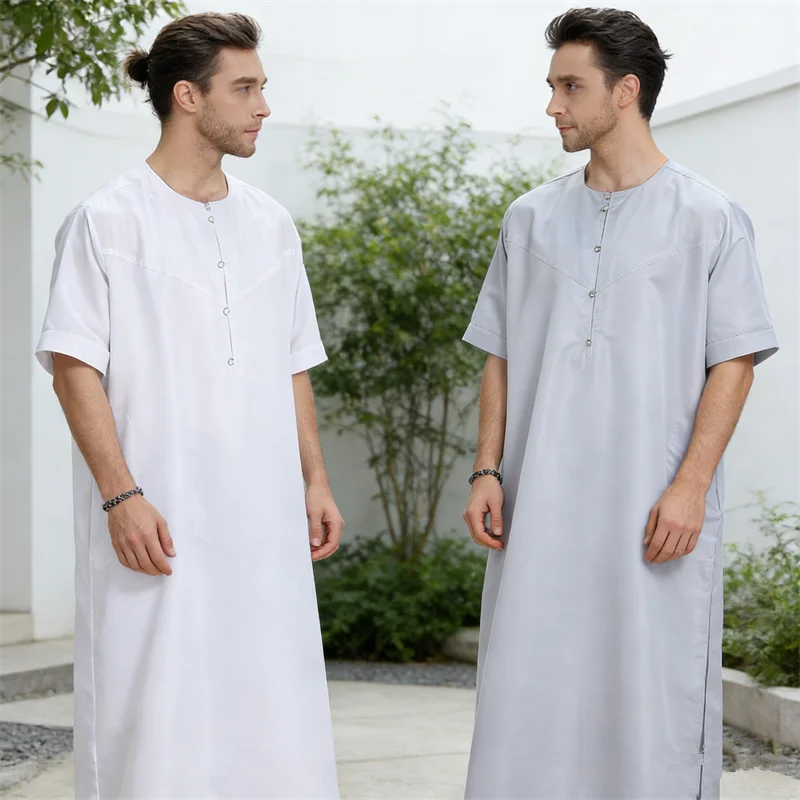 

Muslim Jubba Thobe Men Ramadan Long Robe Kaftan Short Sleeve Dress Saudi Eid Abaya Dubai Arab Caftan Clothing Caftan Middle East