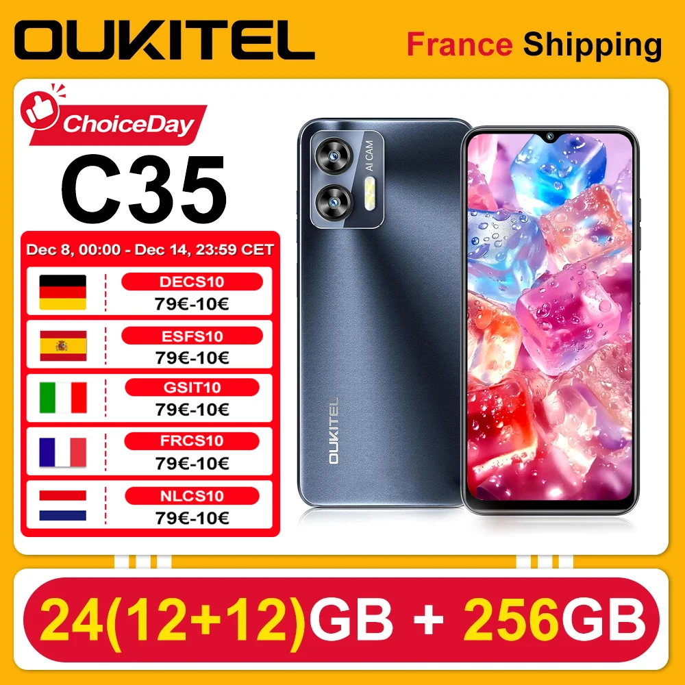 OUKITEL C35 Smartphone 24GB(12 +12) 256GB 5150mAh 6.56 "HD + écran 50MP + 8MP caméra Android 13 déverrouillage par empreinte digitale 4G téléphone portable