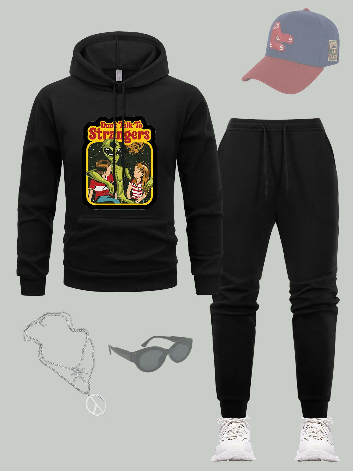 

Don'T Talk To Strangers Pattern Hoodie Set Men Casual Fleece Top Hip Hop Pocket Clothes Autumn Sports Pants Loose Tracksuit Suit