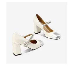 2025 autumn new leather sweet shallow mouth square head diamond chunky heels Mary Jane  high heels pumps fashion women's shoes