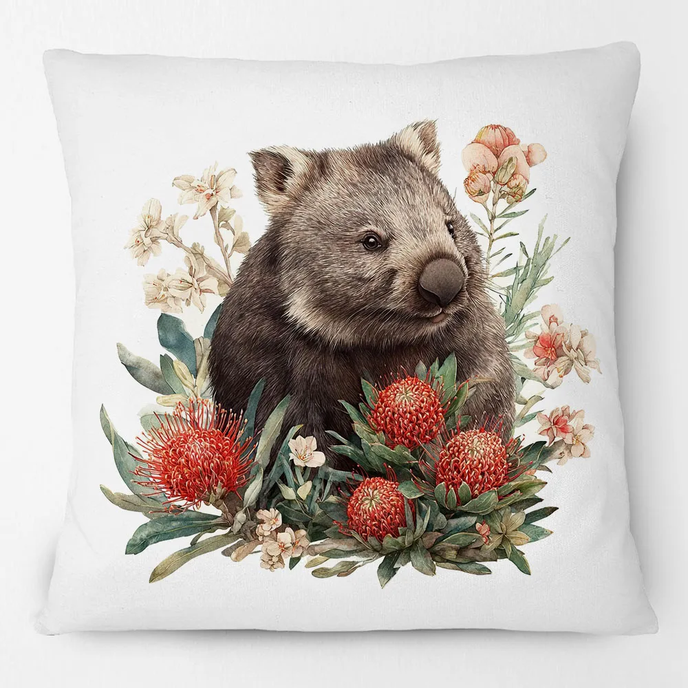 Australian Wombat Animals Bottlebrush and Banksia Flowers Cushion Cover Decorative Pillowcase