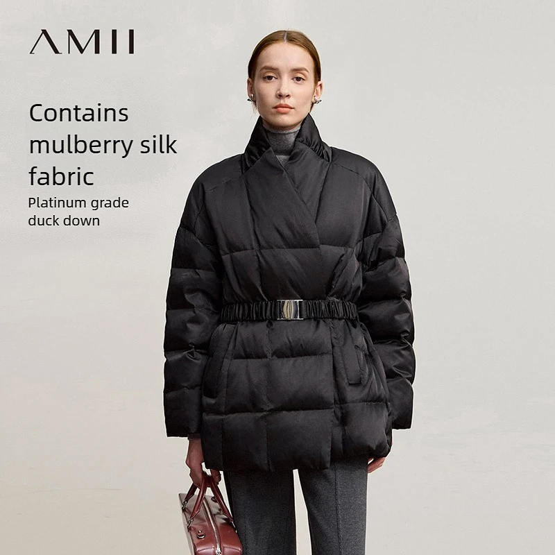 AMII Down Coats 2026 Winter New Stand-up Collar With Belt Long Sleeve Top Warm Straight Solid Color Down Jackets Woman 12544049