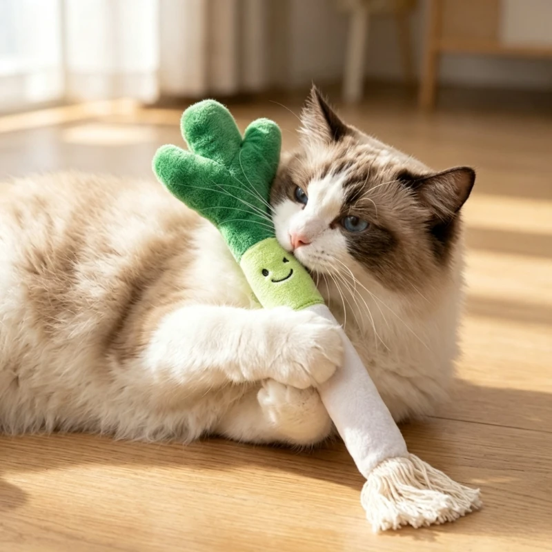 Plush Green Onion Cat Toy With Catnip Interactive Kicker Chew Toy Kitten Teeth Grinding Self Play Relief Pet Supplies