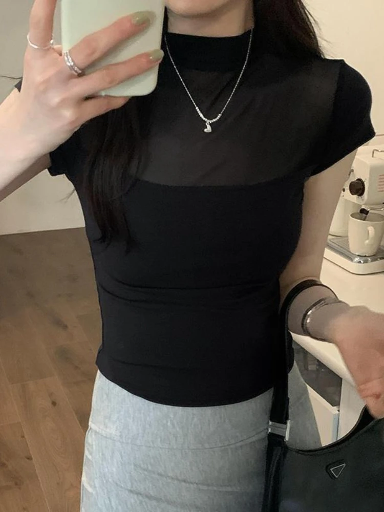 

Short Sleeve T-shirts Women Summer Sheer Breathable Solid Temperament All-match Slim Femme Simple Korean Style Streetwear Tees