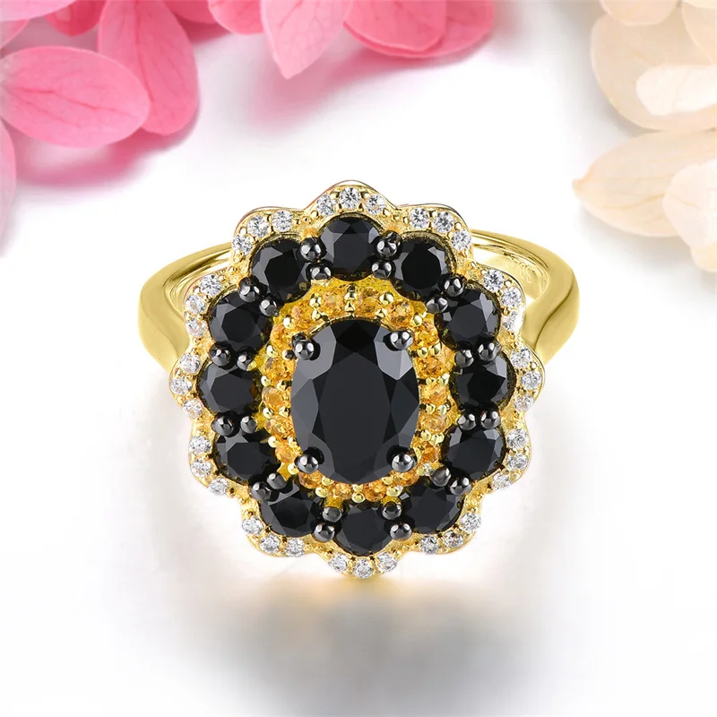 

Real Pure Sterling 925 Silver Original Ring Natural Black Spinel Ring for Women Girl Fine Yellow Gold Plated Ladies Ring