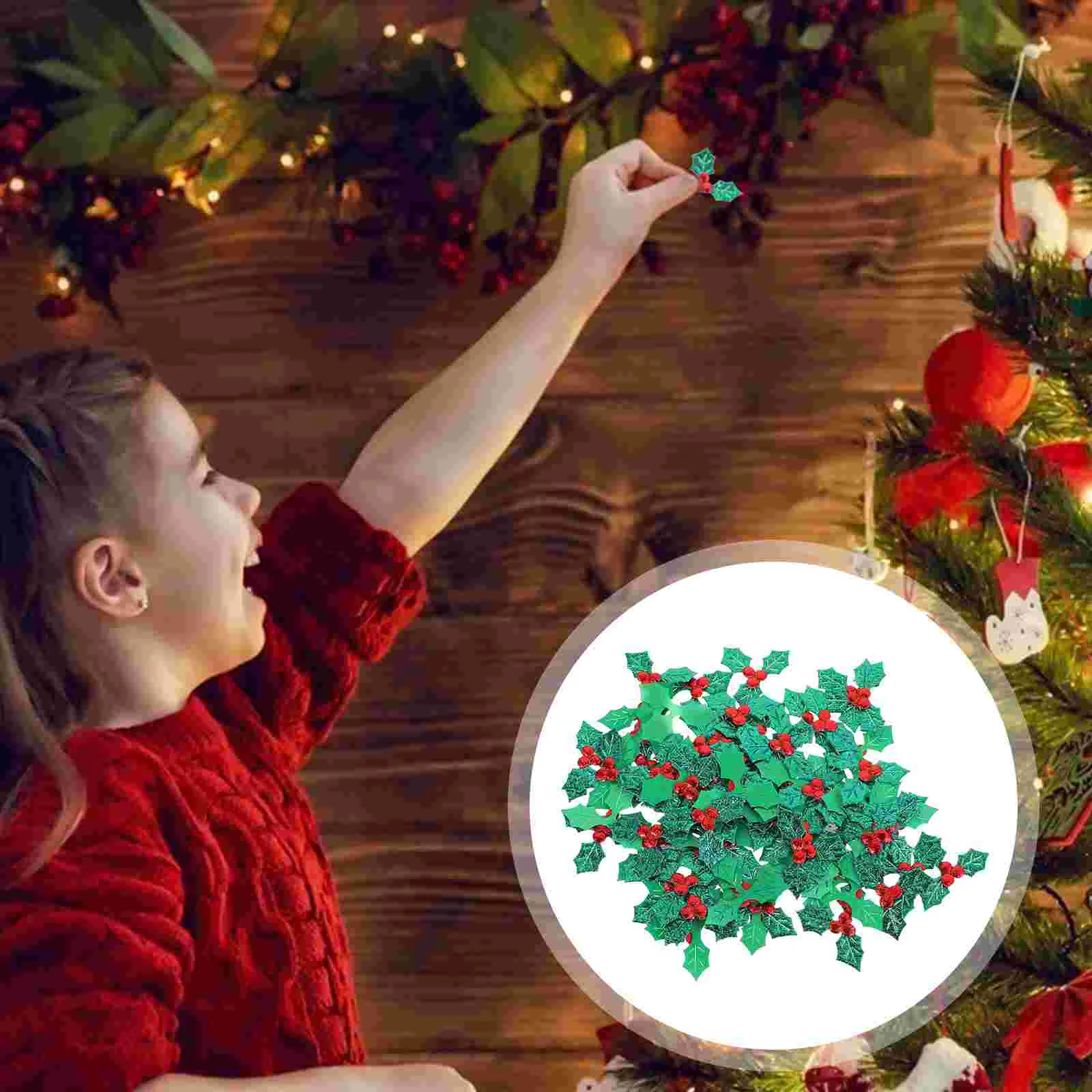 Mini Triple Leaf Holly Berries Artificial Green Leaves Faux Berry Flowers Embellishments for Christmas Wreath Decoration