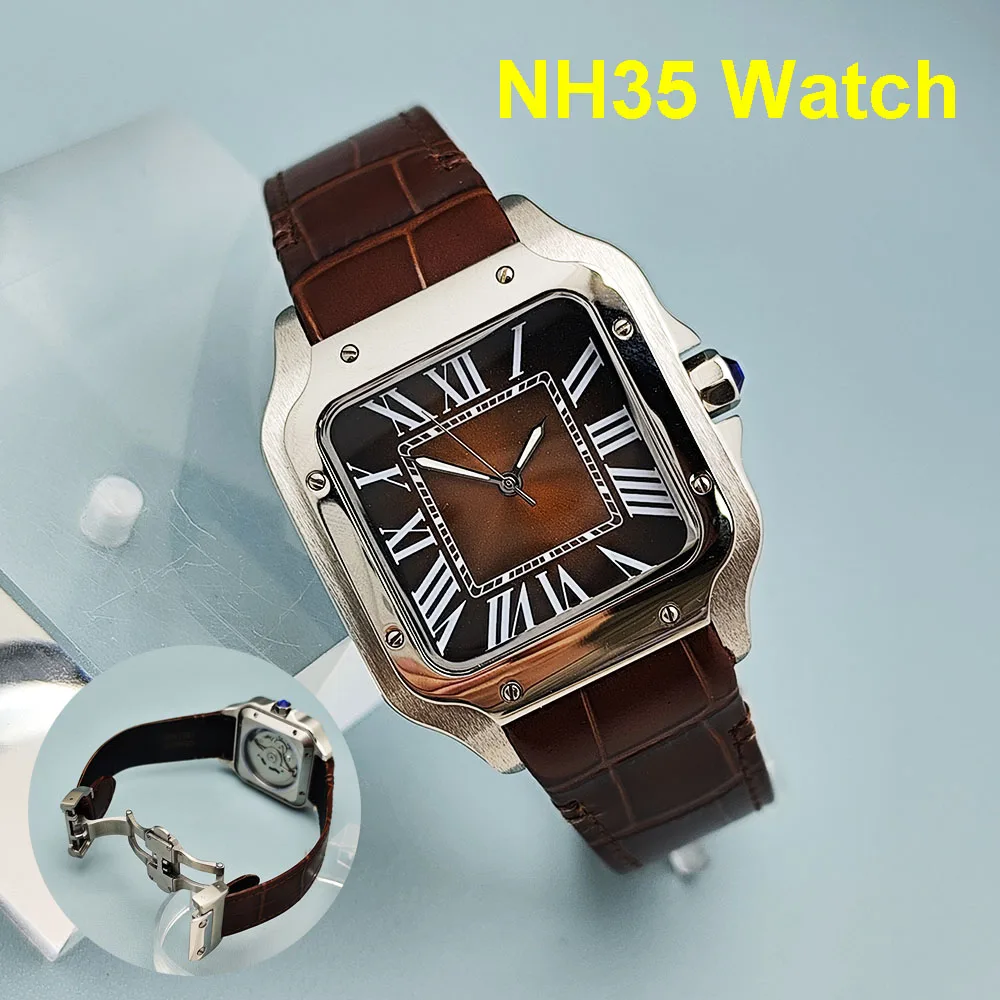 

Новые квадратные часы NH35, мужские часы с римским циферблатом, складной ремешок с пряжкой, квадратный корпус, часы с механизмом NH35