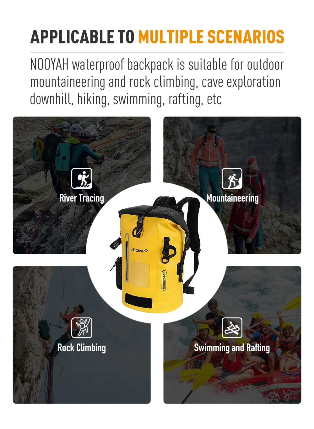 NOOYAH Waterproof Dry Bag IPX8 Roll-Top Closure Waterproof Backpack Fishing Bag Double Layer Rucksack Outdoor Sport Dry Backpack
