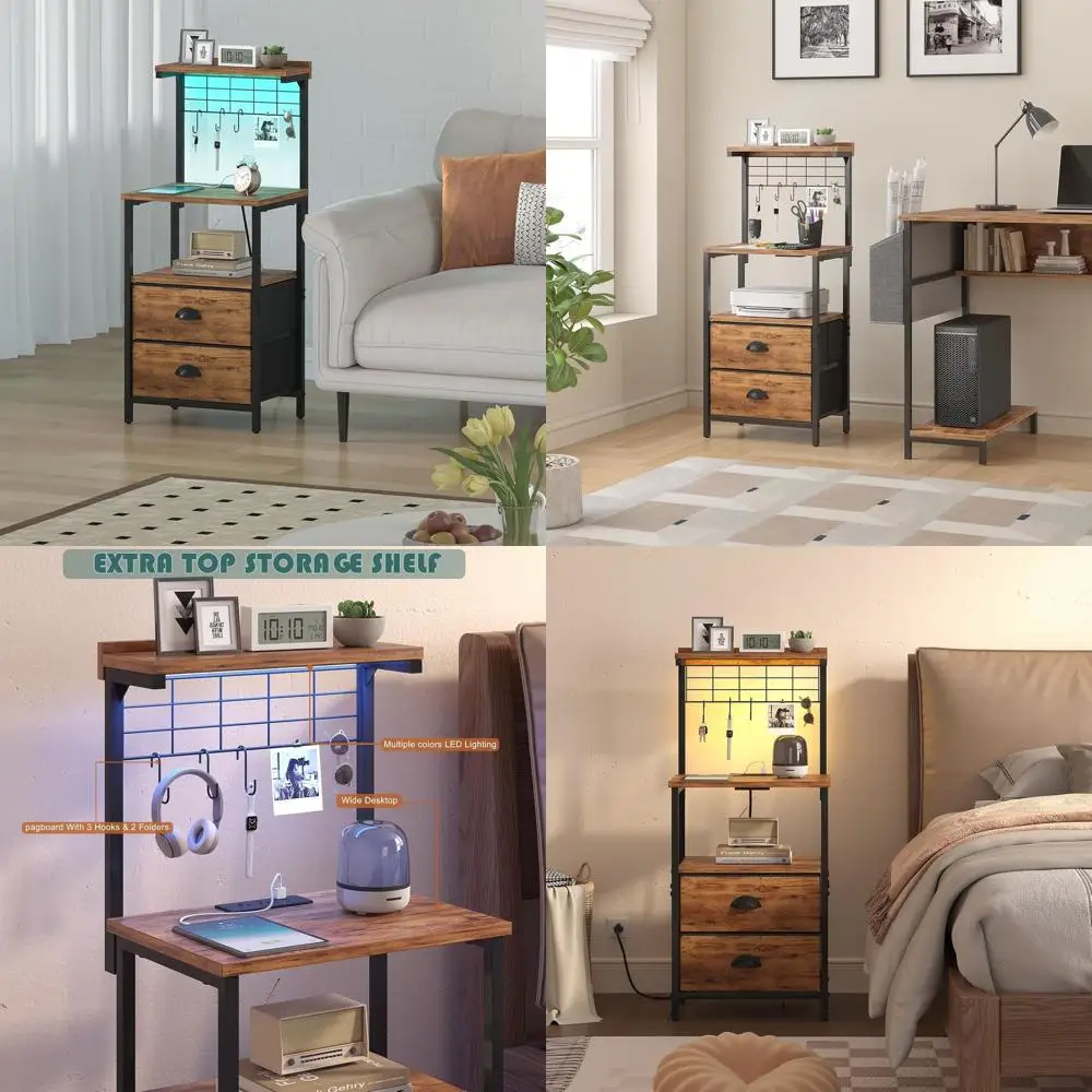 

Высокие прикроватные тумбочки в деревенском стиле, коричневые, с USB-зарядкой, LED-подсветкой, тканевыми ящиками, крючками и открытыми полками