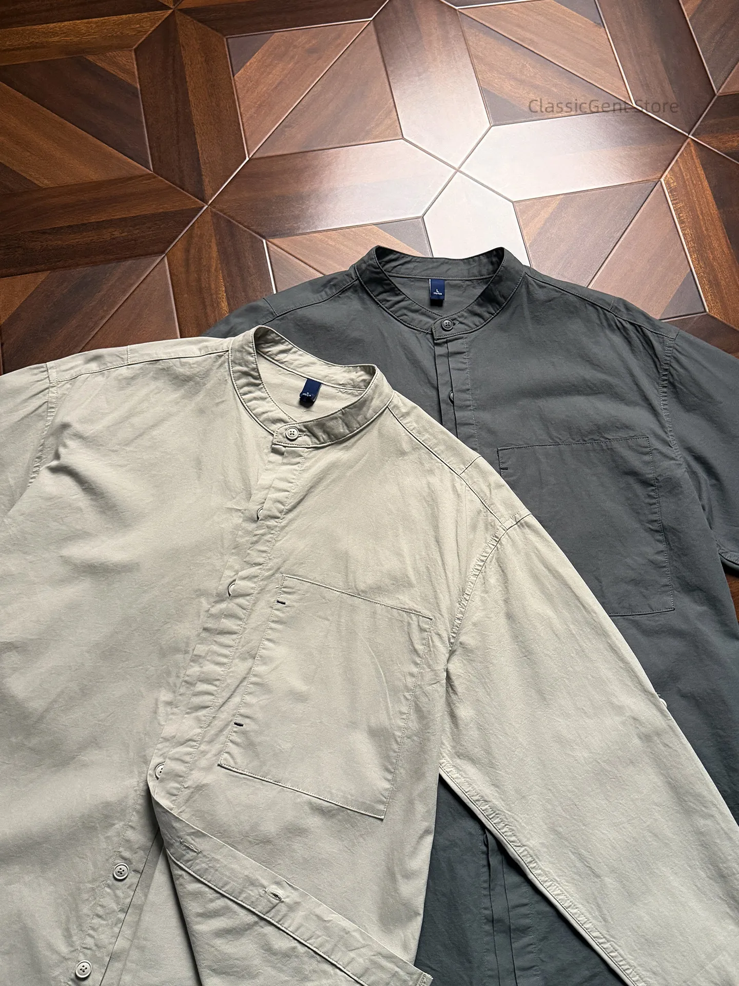 

Simple and neat modern stand-up collar 5.6OZ long-sleeved shirt 40 cotton and linen loose and breathable