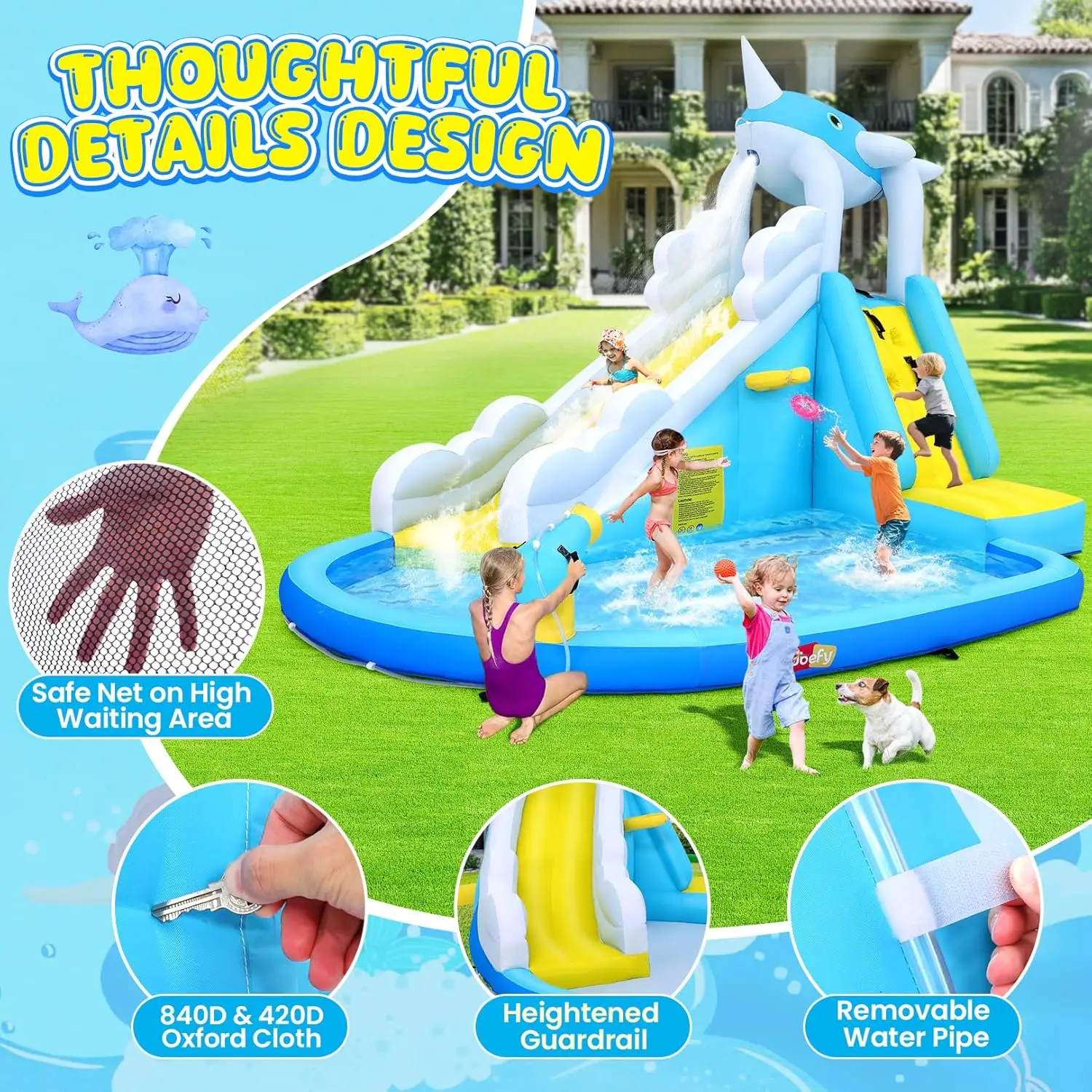 12x8.5 ฟุตสไลด์น้ําทําให้พองสําหรับเด็ก Backyard w/6 ของเล่นน้ํา & Inflatable Balls, blow Up Waterpark w/Whale Spout Slide, Spl