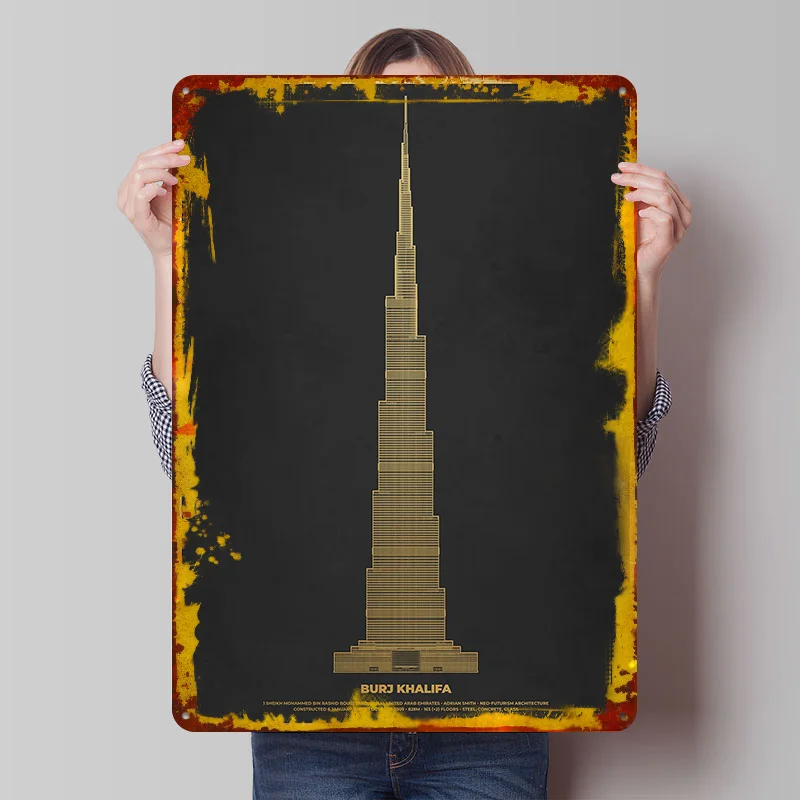 Burj Khalifa Gold Metal Poster Customized Wall Art Retro Vintage Tinplate Signs for Garage Decoration Room Bathroom Decor Home